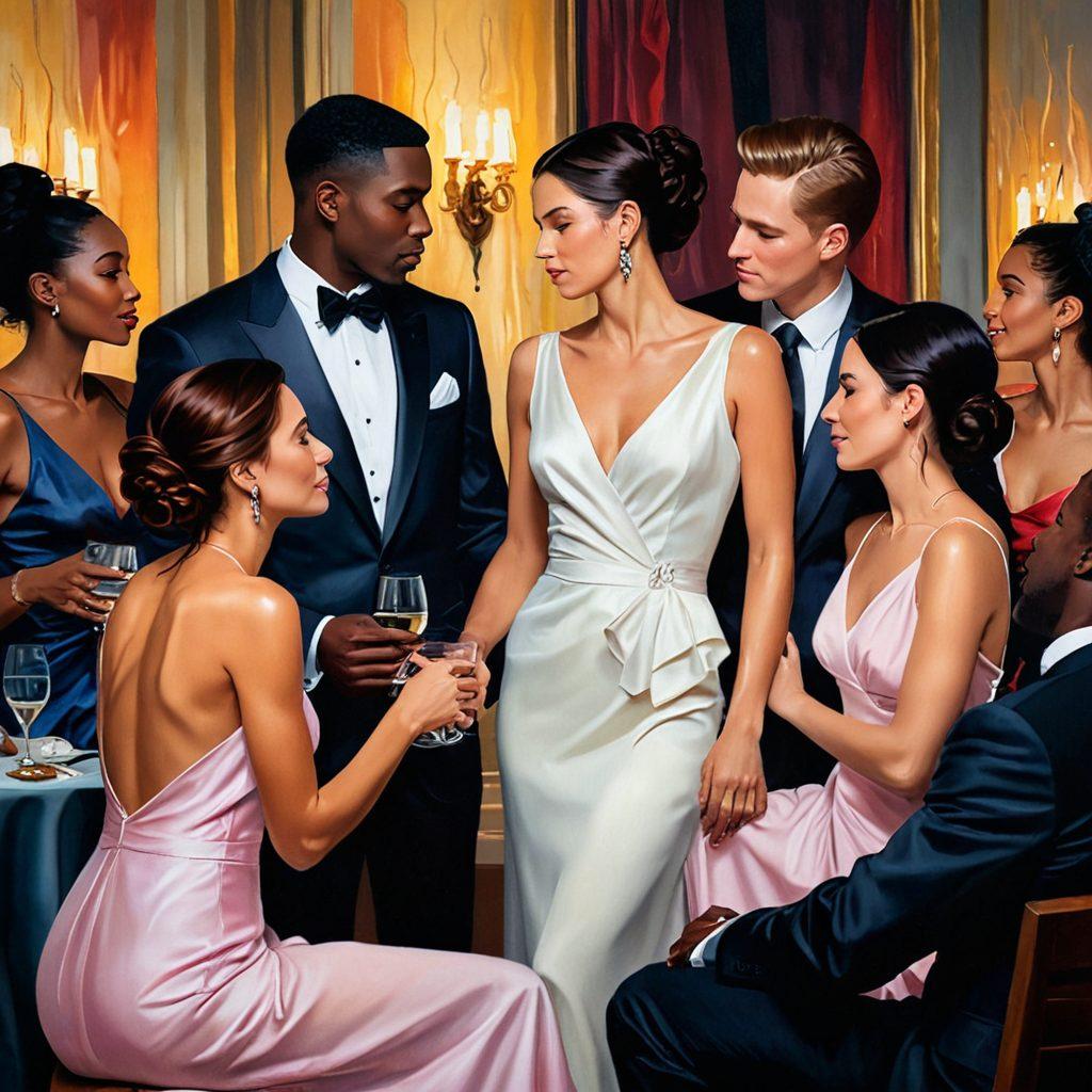 A romantic, passionate scene of a diverse group of couples engaged in intimate, harmonious interactions at a sophisticated soiree, capturing the essence of connection and trust. Dim, ambient lighting with warm tones, flowing dresses and suits, subtle yet powerful body language, and tender moments. modern art. vibrant colors. oil painting style.