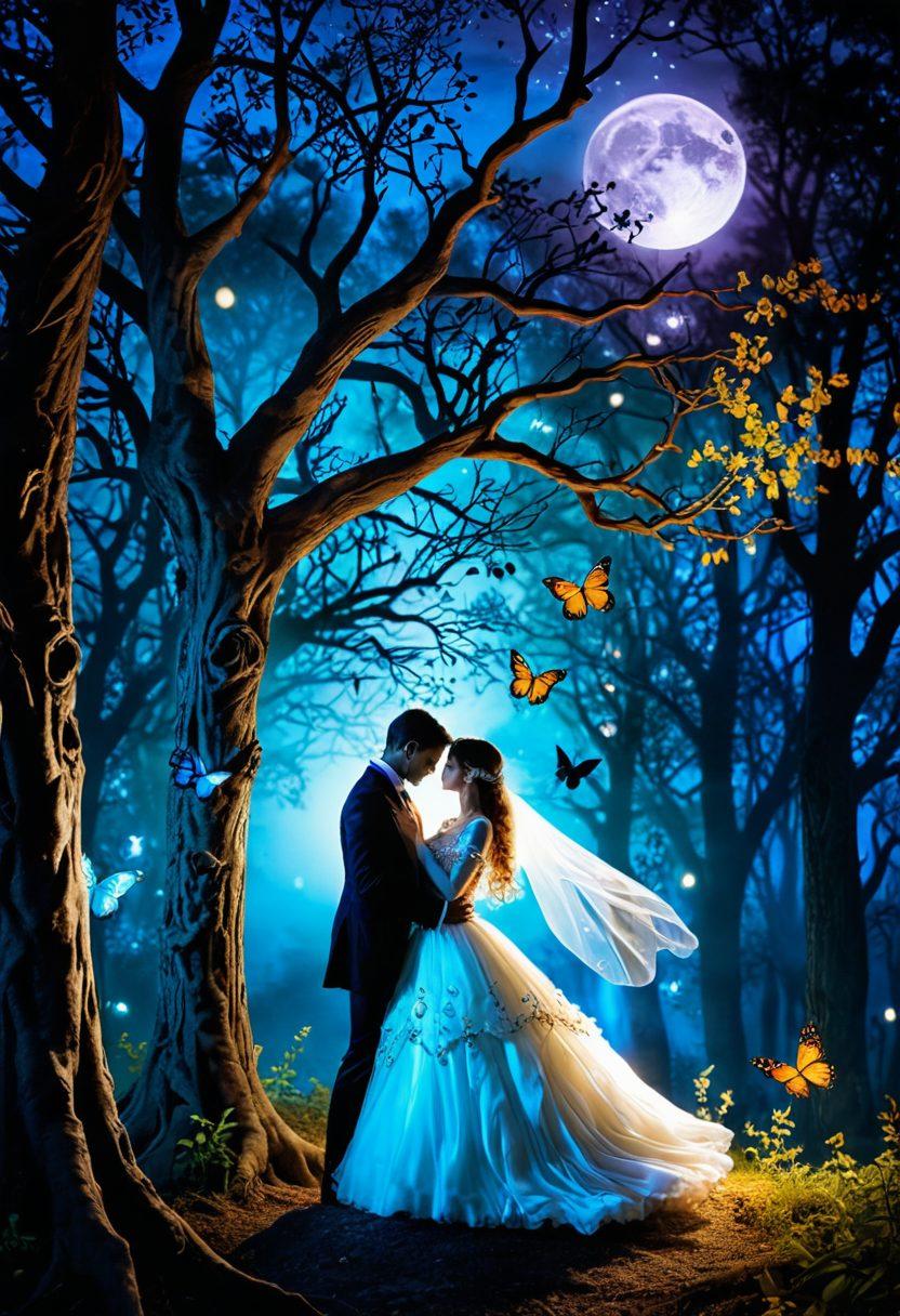 A mystical forest clearing under a full moon, where couples in elegant masquerade outfits share intimate glances and sensual dances around a magical tree. Ethereal lights and enchanted butterflies flutter in the air, symbolizing the fantasy and romantic allure of the swingers lifestyle. dreamy and whimsical. vibrant colors. super-realistic.
